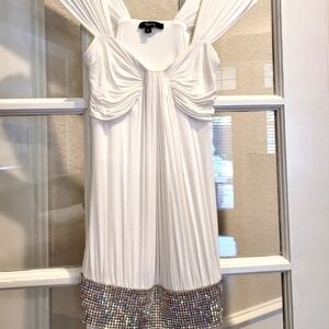 Sky top in white with rhinestone bling across bottom